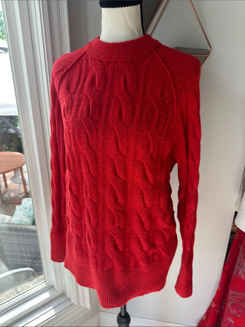 AERIE Red Soft Chunky Cable Knit Sweater Classic Cozy Layering Size XXS